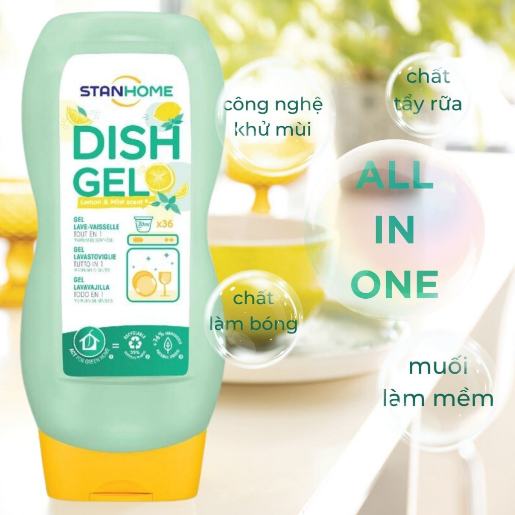 Combo gel rửa bát chuyên dụng cho máy rửa bát hương chanh bạc hà all in one Stanhome dish gel 720ml/chai