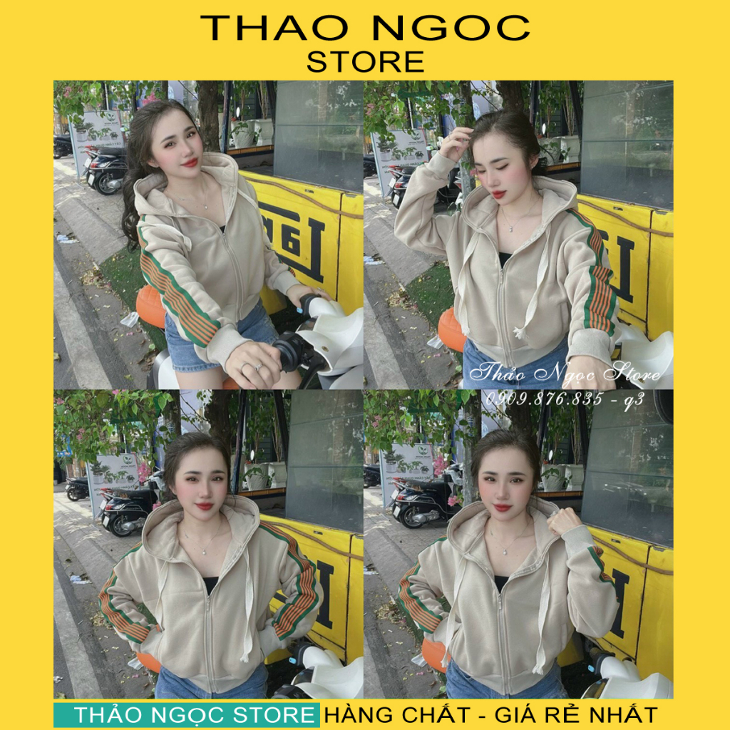 Áo khoác thun nỉ nón phối tay viền sọc, có 2 túi trong, dây kéo cao hàng chuẫn! (hàng có sẵn, hình thật) THẢO NGỌC STORE
