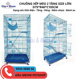 Chuồng lồng 2 tầng cho mèo chim vẹt có thể xếp gọn  2 size - tặng kèm võng, mâm hứng phân bánh xe đẩy tiện lợi