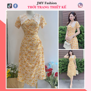 V325 Váy vàng hoa nhí cổ ren trắng công sở váy đầm hoa nhí vàng dáng A chéo vạt