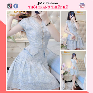 V3913 Váy xanh dáng xòe cổ V tiểu thư váy tay phồng dự tiệc nữ tính