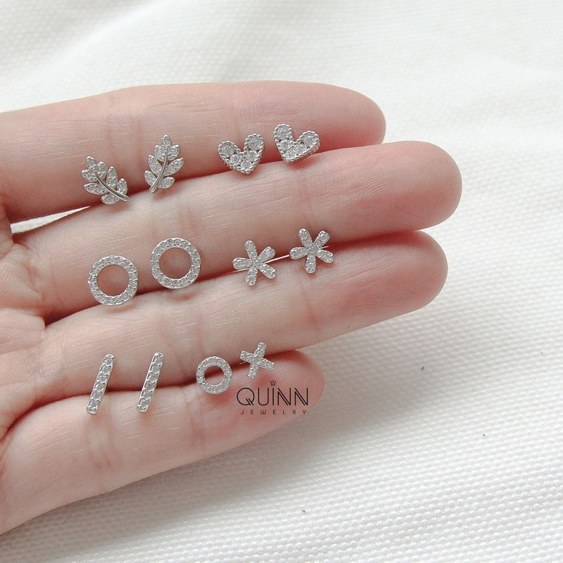 Khuyên tai bạc nữ đính đá lấp lánh, Bông tai bạc 925 xinh xắn nhiều mẫu Quinn Jewelry