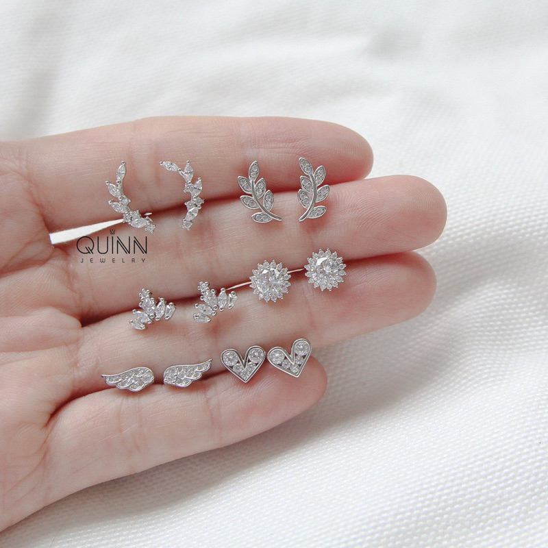 Khuyên tai bạc nữ đính đá lấp lánh, Bông tai bạc 925 xinh xắn nhiều mẫu Quinn Jewelry