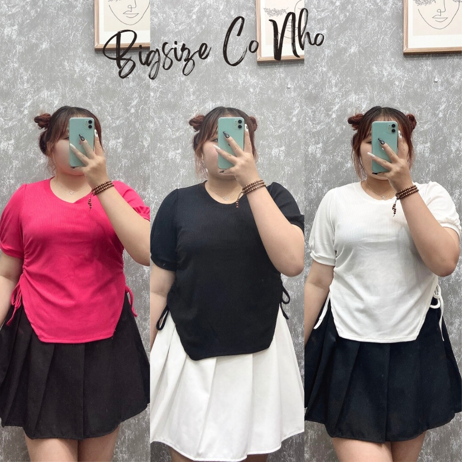 Áo thun tay ngắn Bigsize CÔ NHỎ nữ dáng dài qua rốn rút eo hai bên lai bầu cổ tròn basic co giãn ngoại cỡ 60-95kg G34