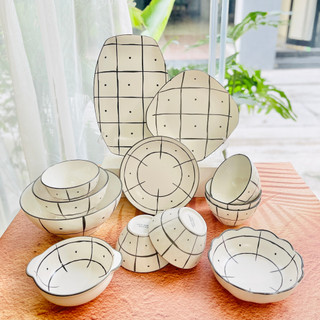 Bộ bát đĩa sứ trắng decor, Chén dĩa dễ thương, Bát ăn cơm, Bộ chén dĩa hoạ tiết Karo siêu đẹp sét 13 món