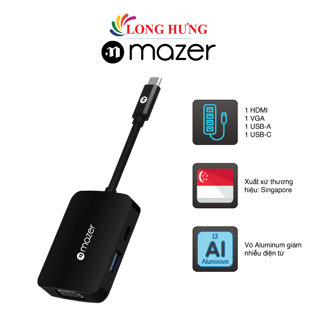 Cổng chuyển đổi Mazer Type-C Multiport 4-in-1 Adapter M-UC2MULTI4040 - Hàng chính hãng