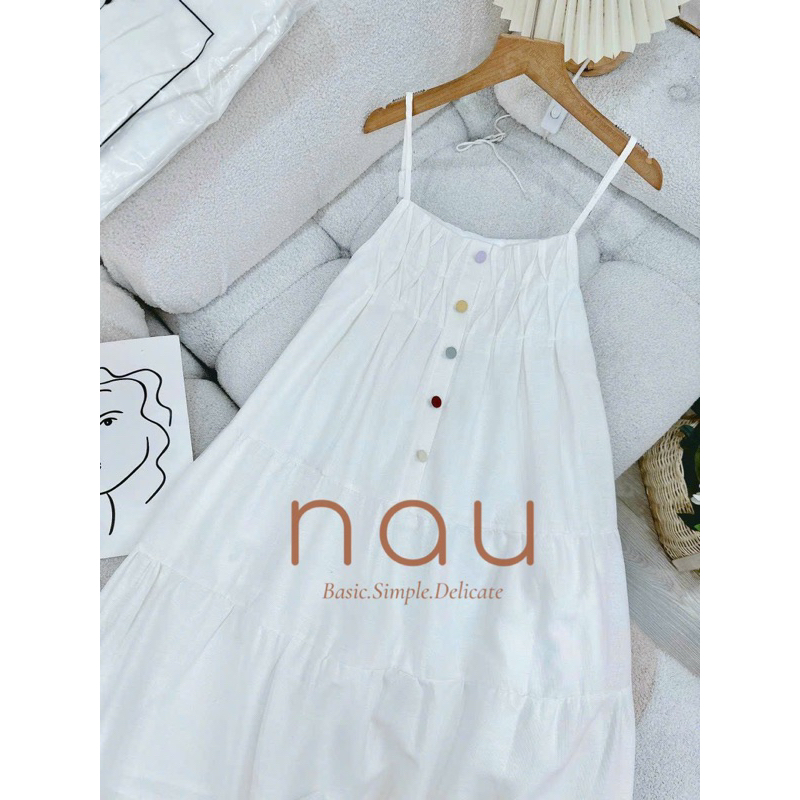 Đầm hai dây Linen phối nút màu