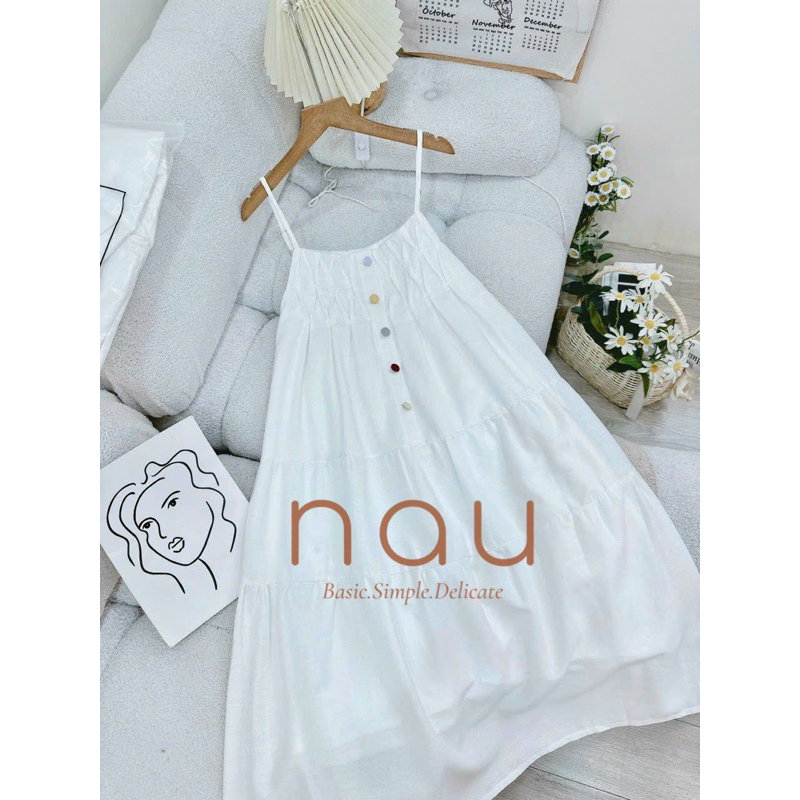 Đầm hai dây Linen phối nút màu