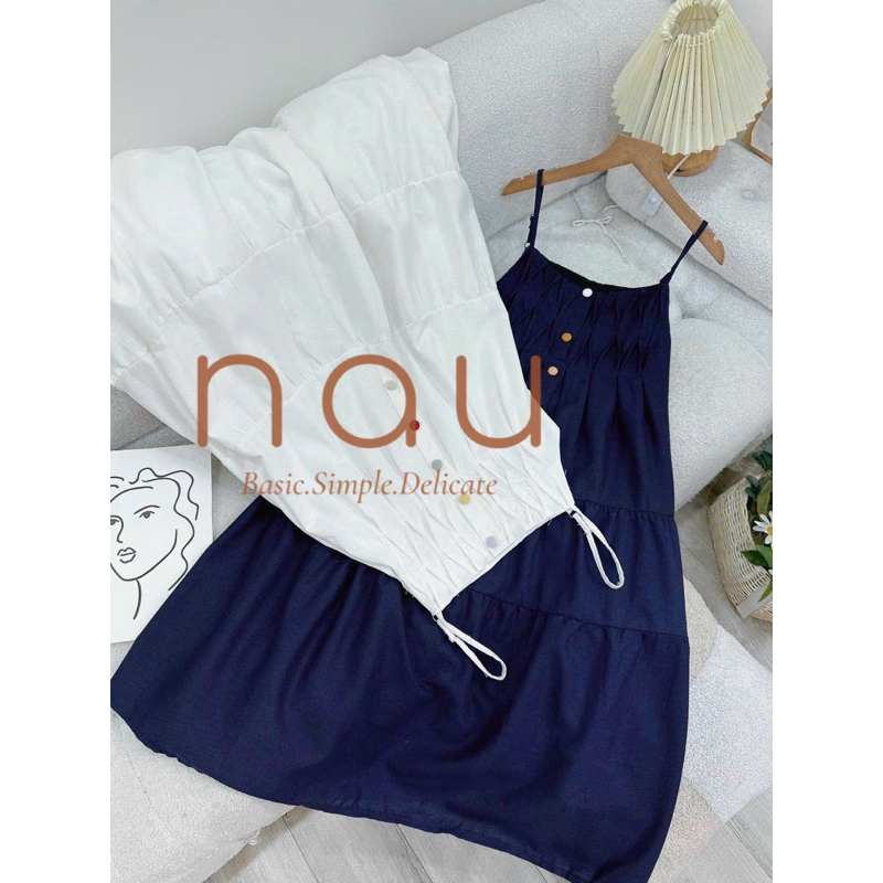 Đầm hai dây Linen phối nút màu