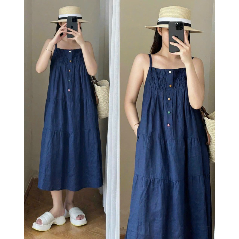 Đầm hai dây Linen phối nút màu