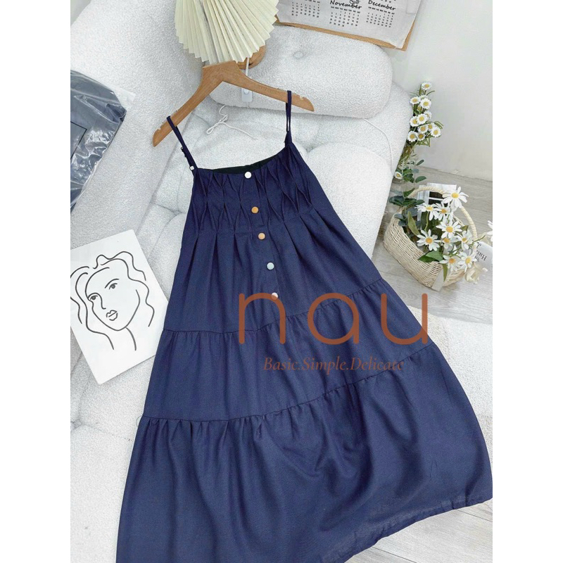 Đầm hai dây Linen phối nút màu