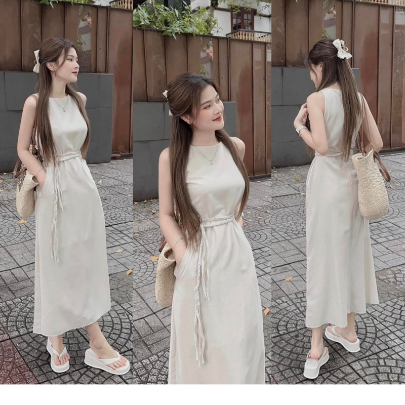 Đầm Linen dáng dài phối dây eo
