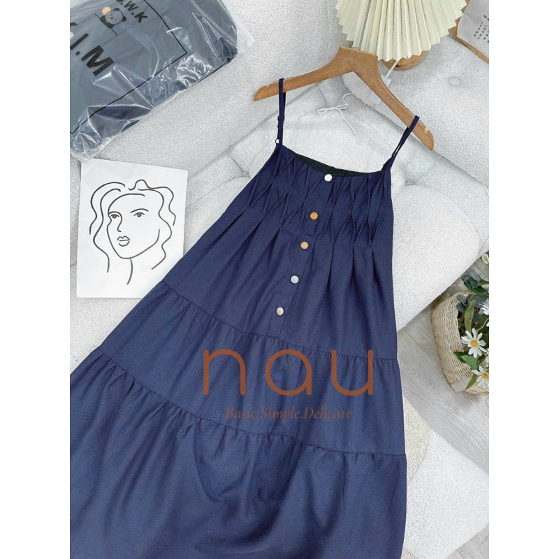 Đầm hai dây Linen phối nút màu