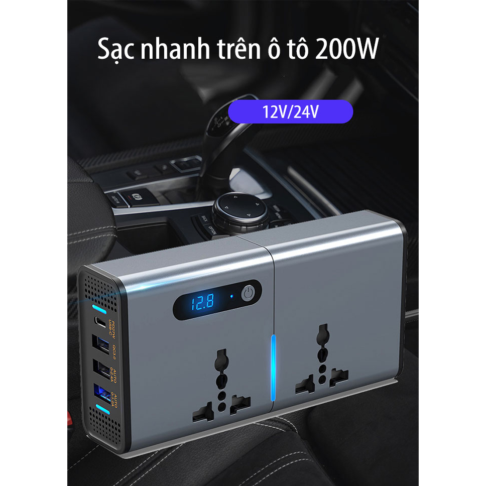 Bộ Chuyển Đổi Nguồn oto 200W- IVERTER 2V/24V – 220V (3USB, TYPE C, 2 AC) CI02 Cao Cấp Dành Cho ÔTô giao hành nhanh