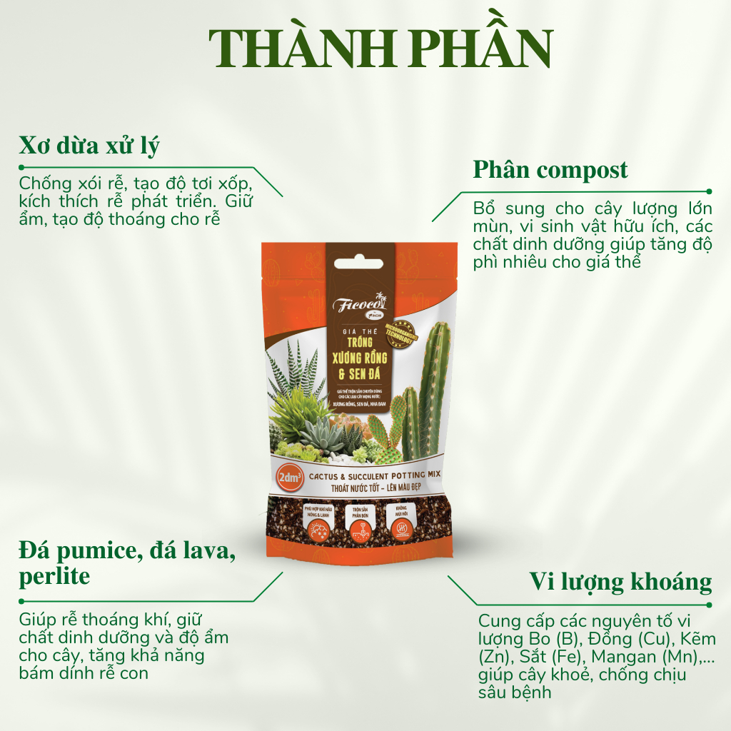 Giá thể trồng sen đá, xương rồng cao cấp, đầy đủ dinh dưỡng, siêu thoát nước, túi 2 lít.