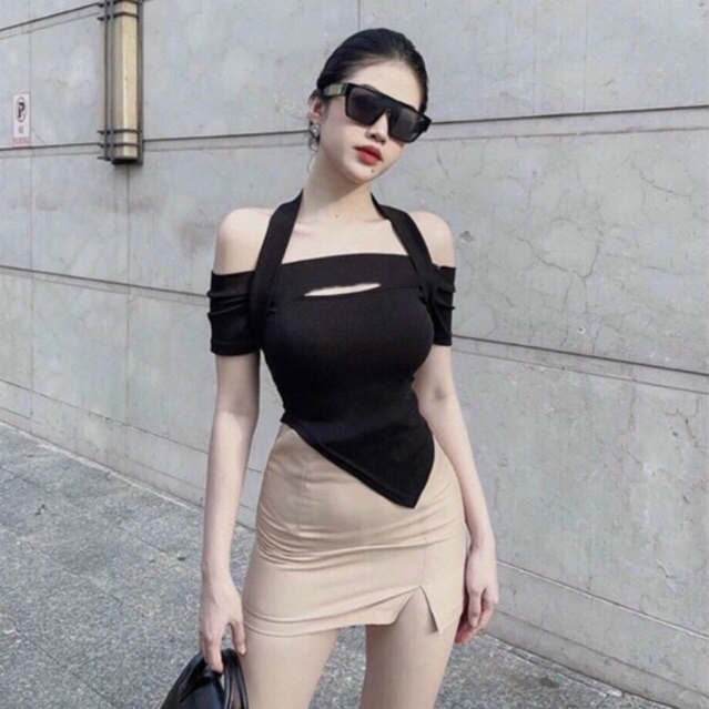 Áo nữ tay ngắn bẹt vai - áo dây choàng cổ khoen hở ngực sexy A105