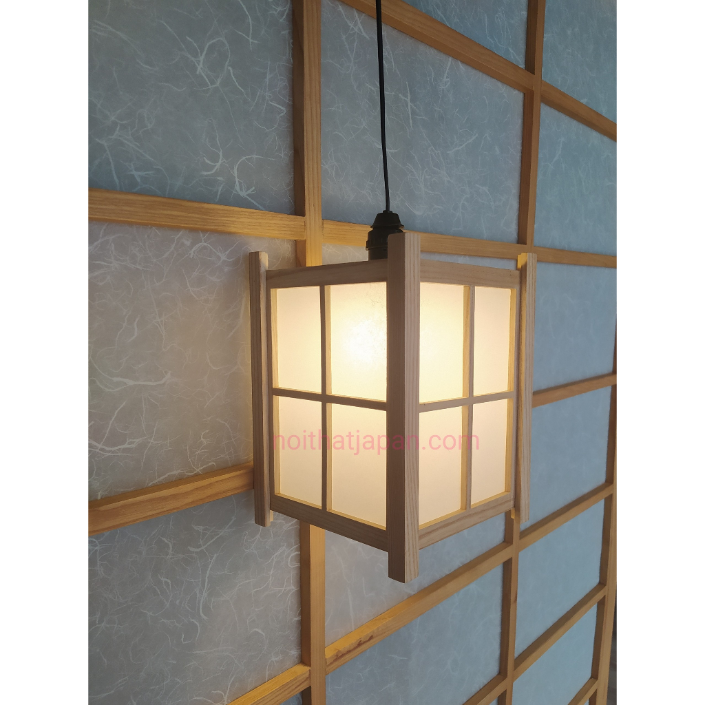 Đèn shoji thả trần, đèn gỗ trang trí phòng trà, phòng thiền, gỗ thông, Shoji Nhật, kt 18 x18 x24cm, gồm dây, đui E27