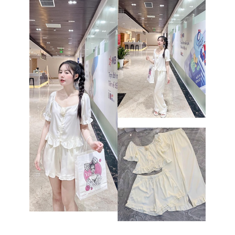 Đồ Bộ Mặc Nhà Pijama Nữ Bánh Bèo Cộc và Dài Tay Cao Cấp - Đồ Ngủ Lụa Quảng Châu