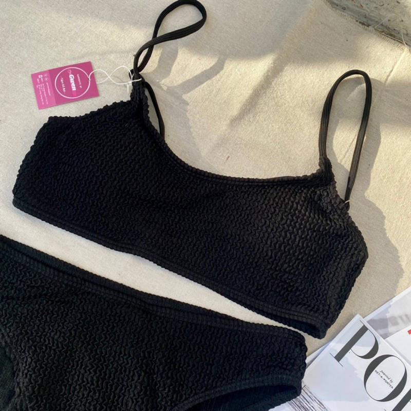 Bikini thun tăm áo ngang quần dáng kín basic ĐEN 2M0183