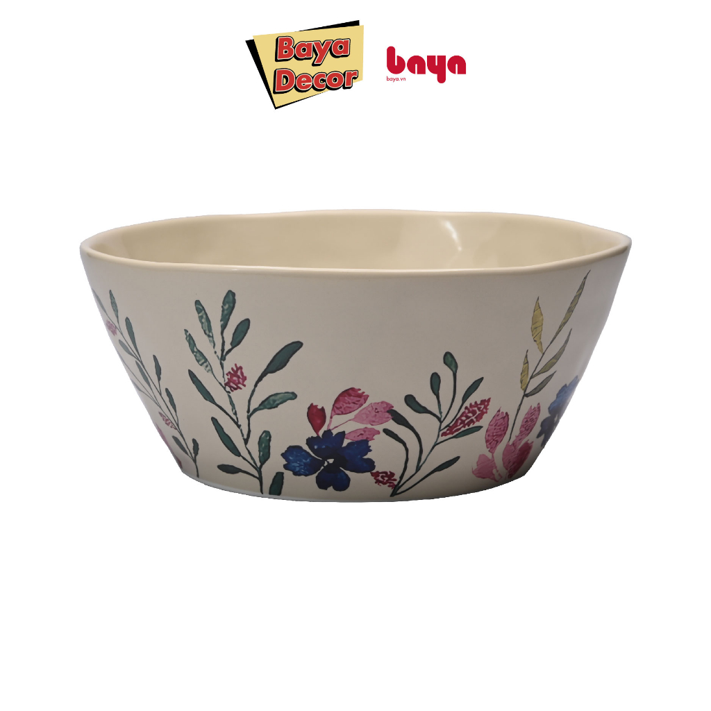 Tô Trộn Salad BAYA FLORAL Sứ Tráng Men Cao Cấp, Màu Kem Họa Tiết Hoa, Dễ Dàng Vệ Sinh, Cao 9 cm x Đường Kính 21 cm