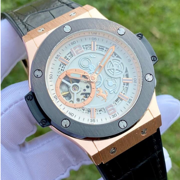 Đồng hồ cơ nam Automatic Hu.b lên tay cực sang, Màu Rose Gold/Silver viền phay xước - Bảo hành 1 năm chất lượng