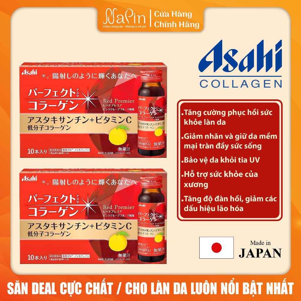 Nước uống bổ sung collagen Asahi Perfect Asta, bản màu đỏ, hỗ trợ đẹp da 50ml/lọ, 10 lọ/hộp chính hãng Nhật bản