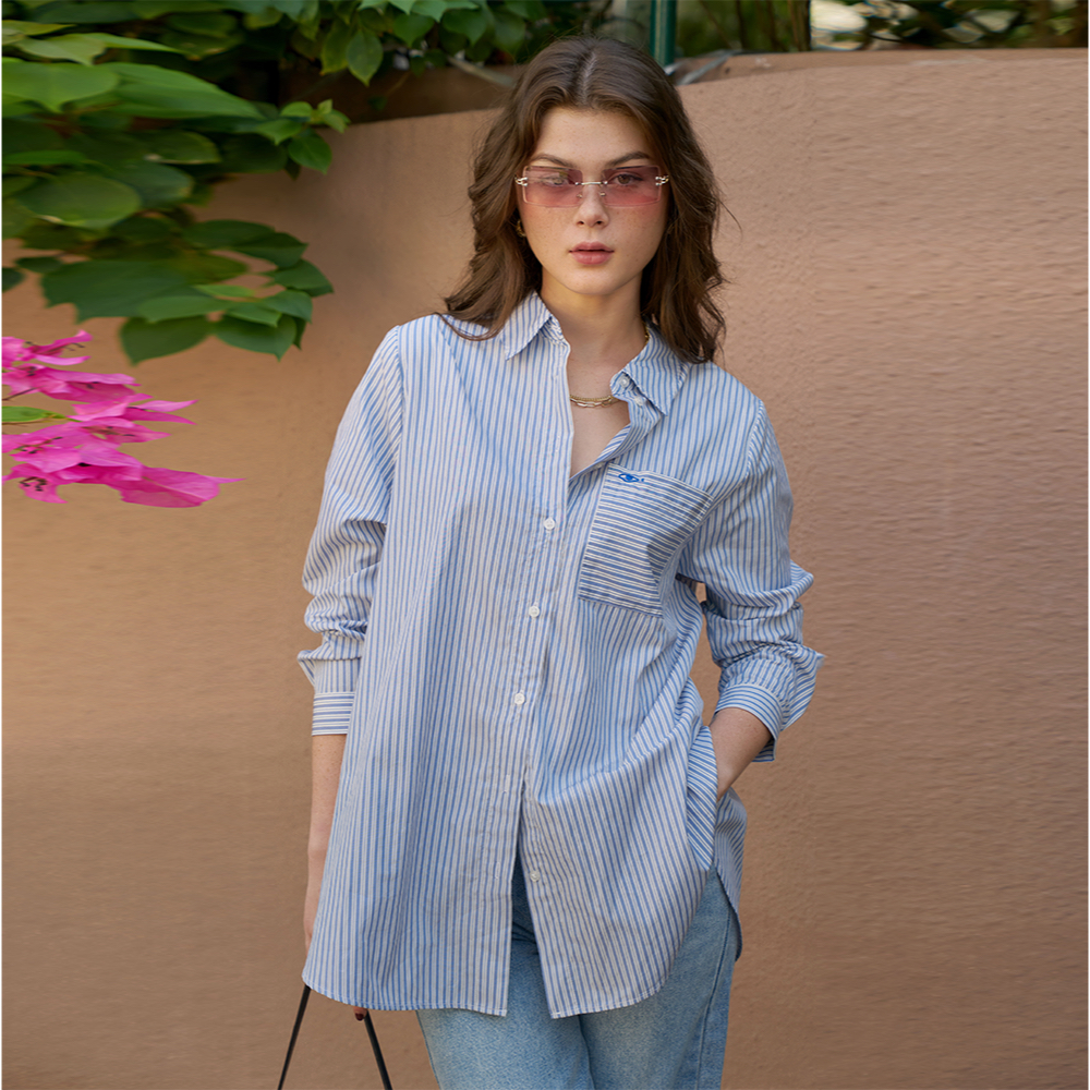 TheBlueTshirt - Áo Sơ Mi Phom Rộng Nữ - Oversized Pocket Shirt - Pencil Stripe