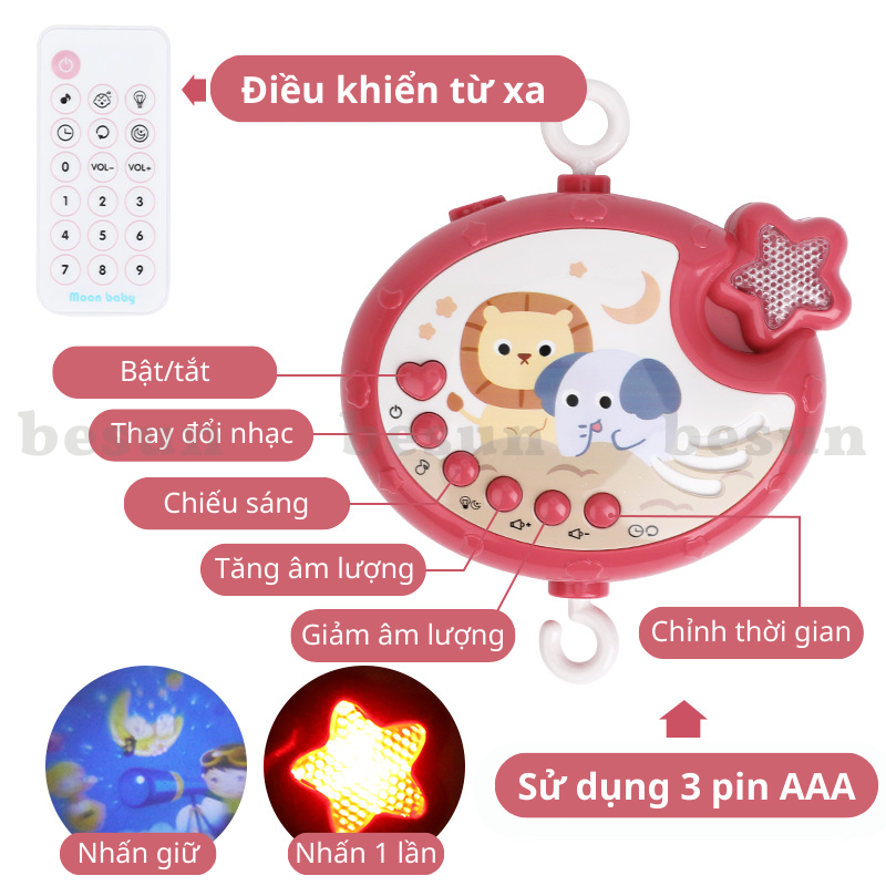 Đồ chơi treo nôi BESUN kích thích thị giác cho bé sơ sinh phát nhạc, có đèn chiếu hình và điều khiển