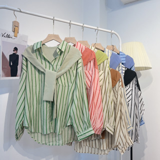  Áo Sơ Mi Nữ Kẻ Sọc 1 Túi Phối Vạt Vai Quàng Khăn Hàn Quốc Freesize Form Rộng Vừa Sơ Mi Kèm Khăn Choàng Xinh Xắn SUBICI 