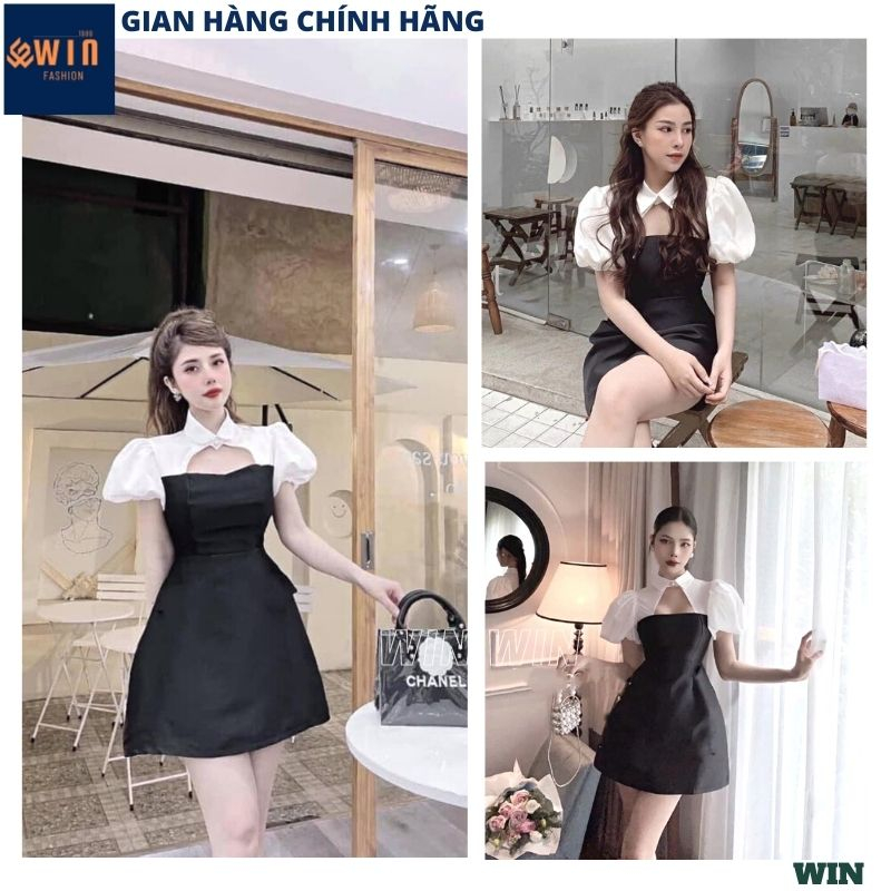 Đầm tafta tay bồng cup ngực cổ sơ mi thiết kế sang chảnh, Váy tiểu thư dáng xòe chữ A cổ sơ mi khoét ngực đen - WIN