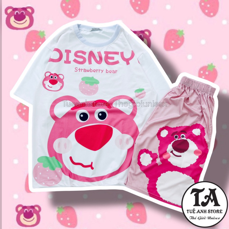 Set Bộ Đùi Gấu Dâu Lotso cotton quần áo hoạt hình hoạ tiết đáng yêu Mặc nhóm Đi Biển Bộ mặc nhà Cartoon form rộng Unisex