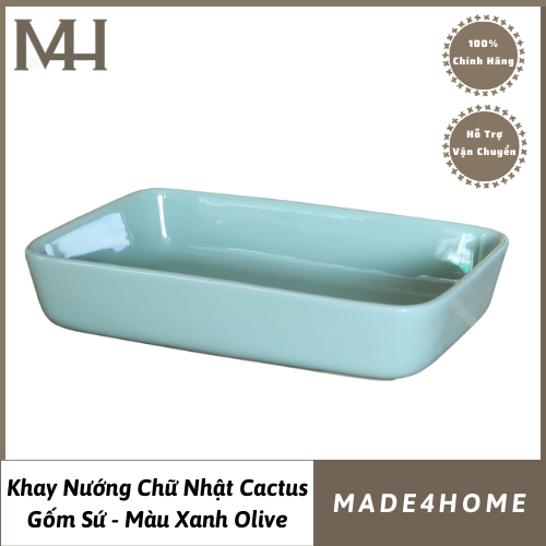 Khay Nướng Bánh, Khay Nướng Chữ Nhật Cactus, Màu Xanh Olive - Chịu Nhiệt Cao - An Toàn Với Sức Khỏe và Thực Phẩm - Gốm S