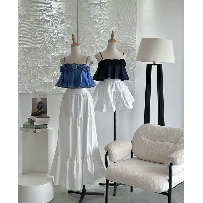 SET ÁO 2S DENIM XẾP ĐÍNH HOA + CHÂN VÁY TRẮNG TẦNG (NGẮN -DÀI )