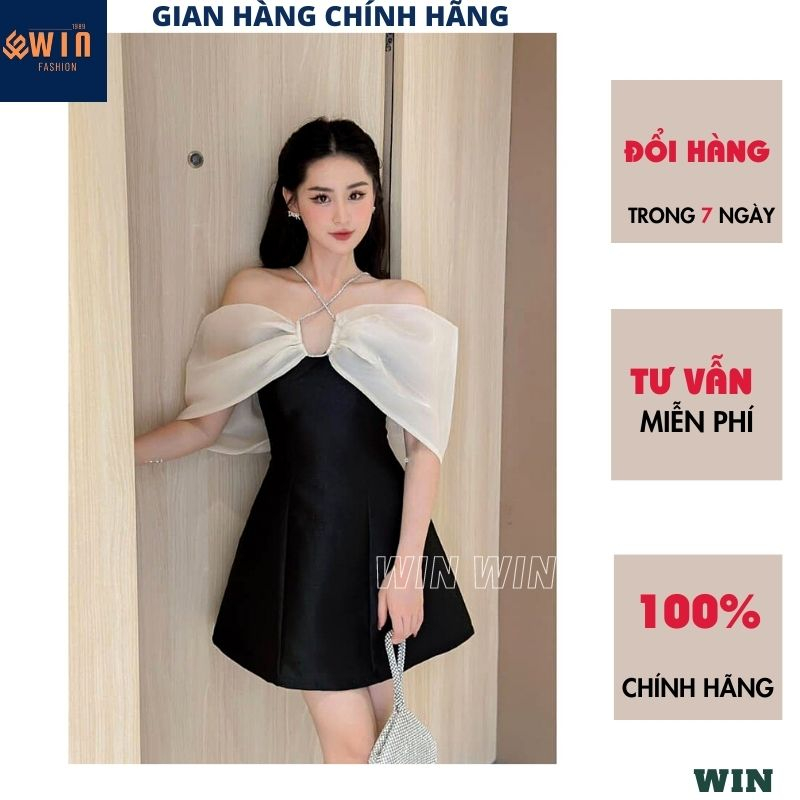 Đầm dự tiệc dây đính kết tỉ mỉ chất tafta cao cấp, Váy tafta cổ yếm phối nơ voan thiết kế sang trọng thời trang - WIN