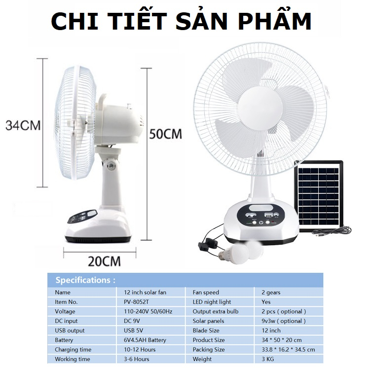 Quạt sạc tích điện năng lượng mặt trời Gutek FAN12 pin 4500mah dùng 10 tiếng để bàn lợi tặng kèm 2 bóng đèn sáng