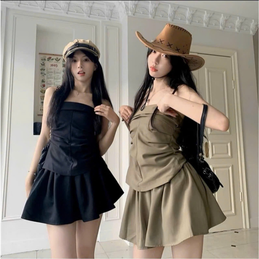SET 2 MÓN áo cúp ngực kèm chân váy cao bồi, bộ nữ tôn dáng