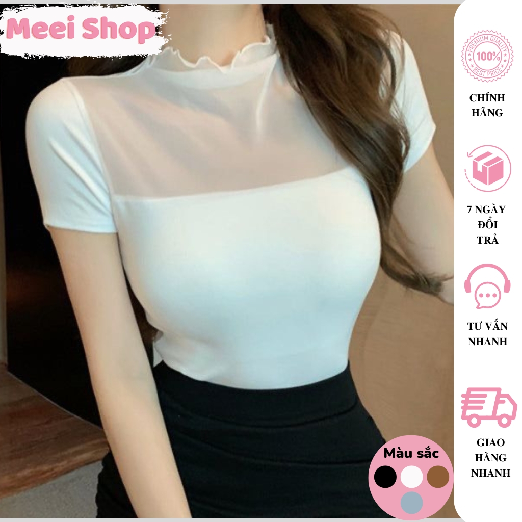 Áo thun phối lưới tay ngắn cổ cao Meei Shop,Áo thun nữ cá tính độc đáo -A83-