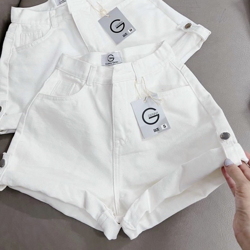 Quần Short Jeans Kaki Trắng Đen Nữ Lưng Cao Phối Bass Chất Vãi Dày Dặn
