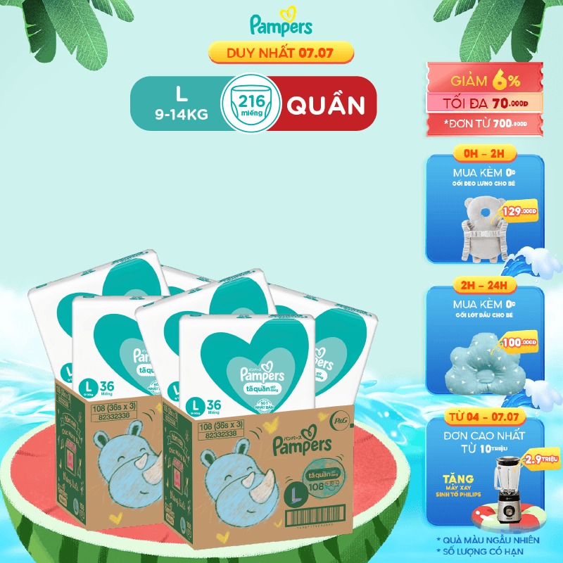 Combo 2 Thùng: Tối Ưu Phí Vận Chuyển 3 Gói Tã Quần PAMPERS Giữ Dáng Pampers L108/XL96/XXL84