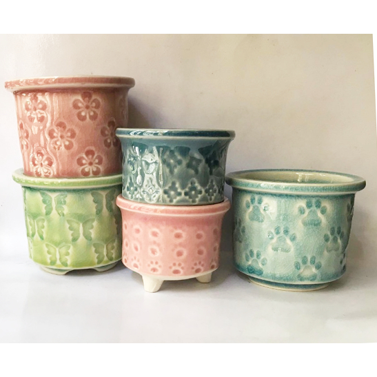 Chậu cây gốm sứ pastel hoa văn mini CHAUM5 trồng hoa sen đá cây cảnh cute trang trí decor để bàn ống bút cắm đồ