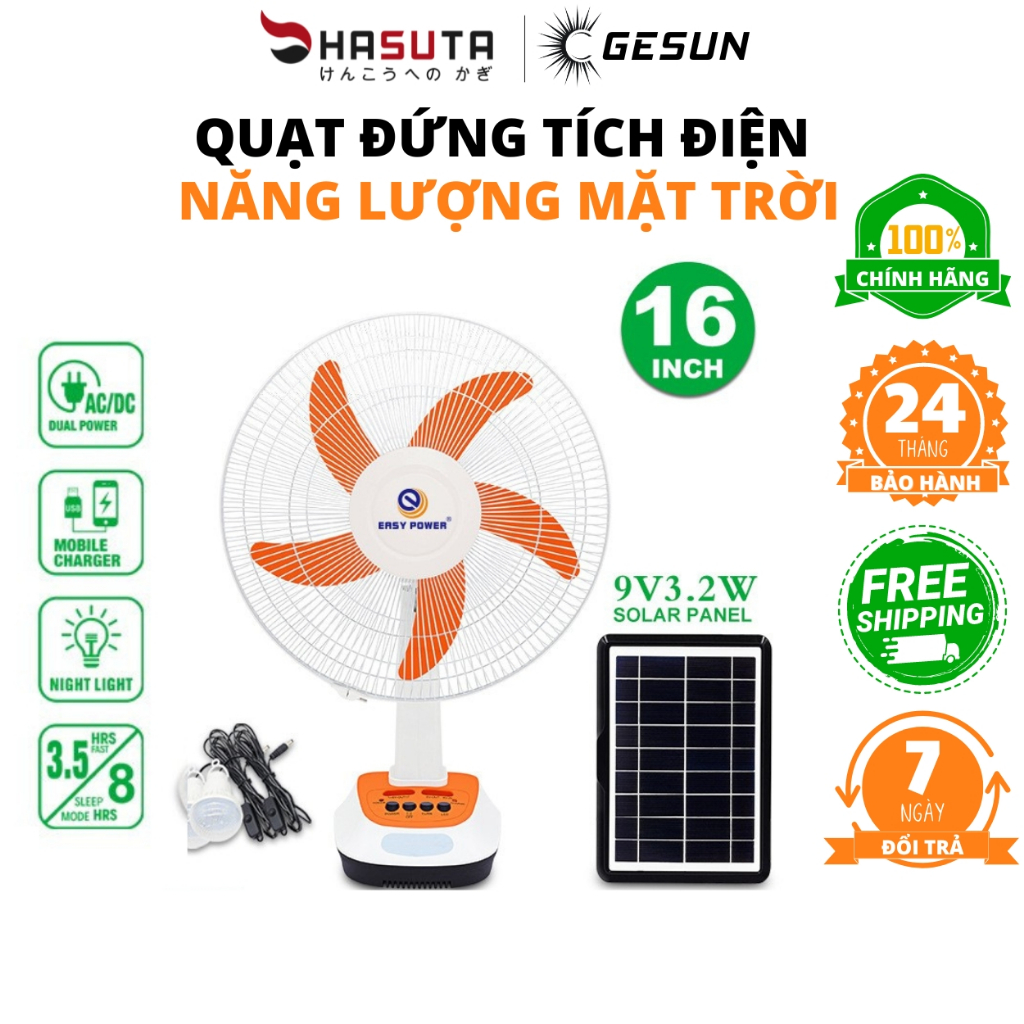 Quạt đứng đa năng quạt tích điện năng lượng mặt trời 4in1 Gesun, tích điện, thắp sáng, sạc pin điện thoại BH 12th