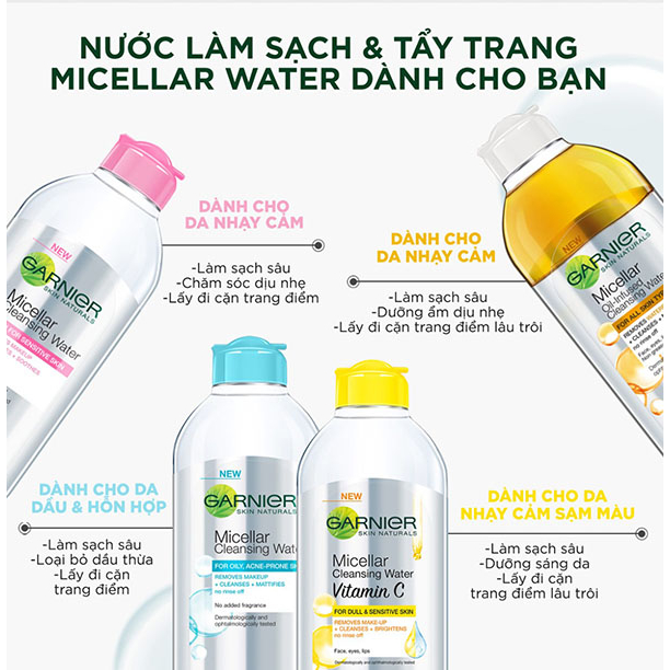 Nước tẩy trang Garnier Micellar Water làm sạch và tẩy trang cho mọi loại da
