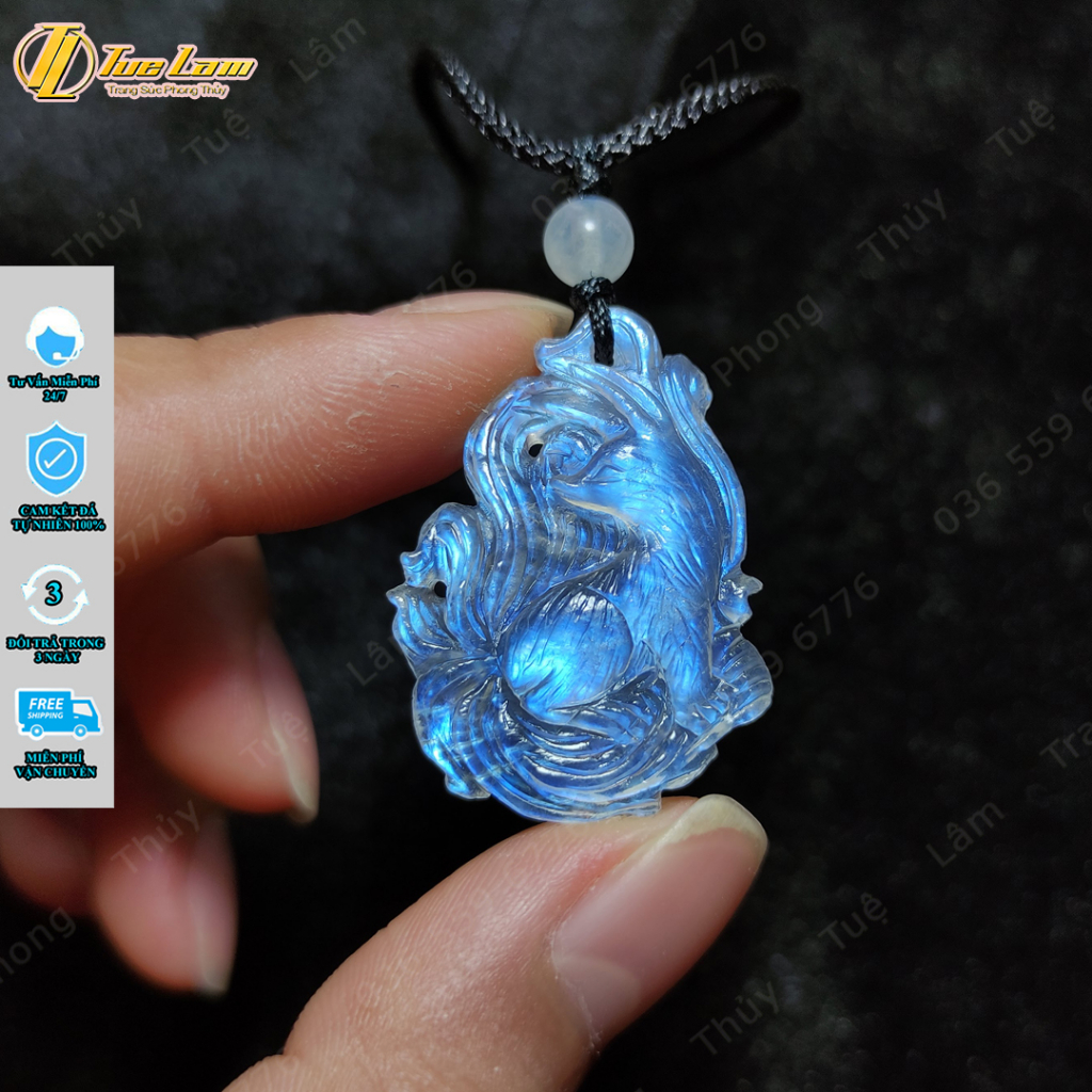 Dây chuyền mặt hồ ly chúa moonstone dáng thủng màu trắng ánh xanh hợp mệnh kim thủy - Tuệ Lâm