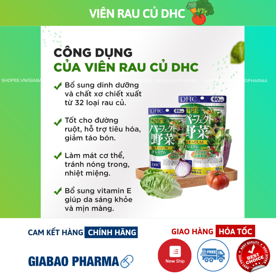Viên uống Rau củ DHC chứa 32 loại rau củ, giảm táo bón, giảm nóng trong gói 60 viên (15 ngày)
