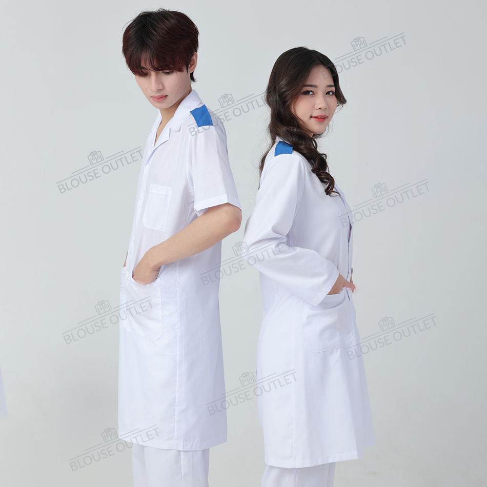 Áo blouse trắng dáng dài có cầu vai xanh cho bác sĩ, dược sĩ thực tập - áo blue trắng thực tập sinh