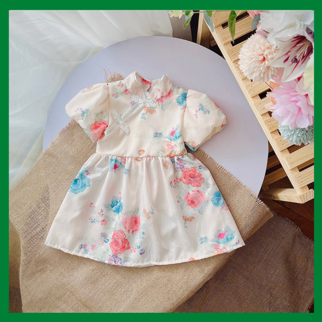 ẢNH THẬT - HÀNG SẴN, 7-30kg, váy cộc tay cổ tàu cho bé gái, chất thô in hoa mềm mát, hàng thiết kế xịn đẹp, chuẩn phom