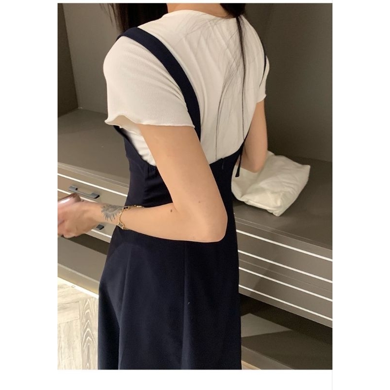 Set váy yếm xanh than dáng dài mix áo cộc tay thun gân siêu xinh