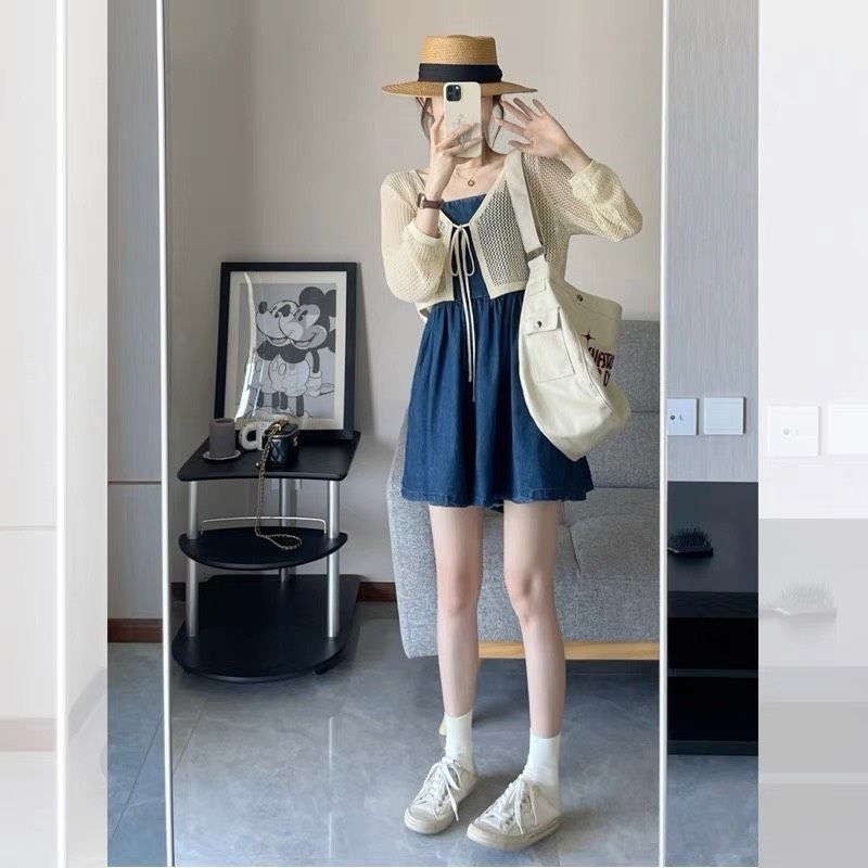 Set jum denim bò mềm quai dây cơ điều chỉnh mix áo khoác ren crop siêu xinh