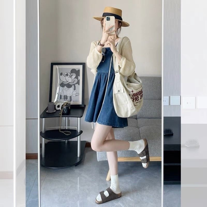 Set jum denim bò mềm quai dây cơ điều chỉnh mix áo khoác ren crop siêu xinh