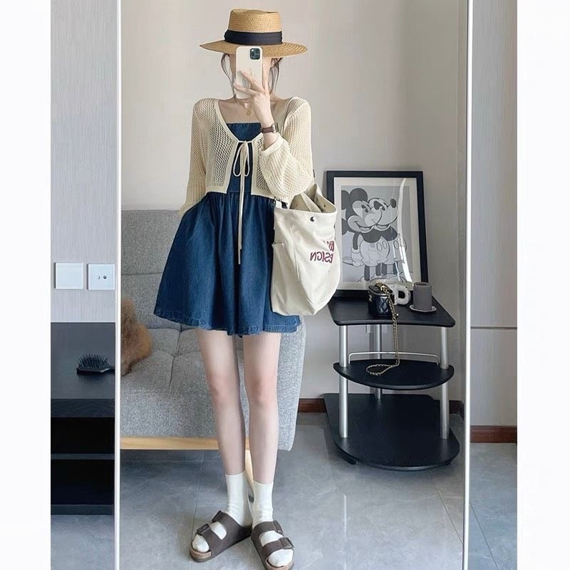 Set jum denim bò mềm quai dây cơ điều chỉnh mix áo khoác ren crop siêu xinh